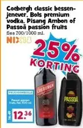 Boon`s Markt Coebergh classic bessen- jenever. Bols premium vodka. Pisang Ambon of Passoȧ passion fruits aanbieding