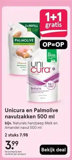 Etos Unicura en Palmolive navulzakken 500 ml aanbieding