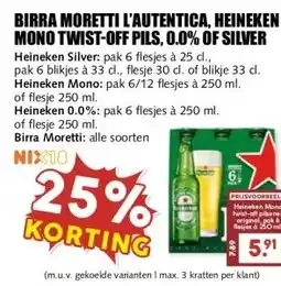 MCD Supermarkt BIRRA MORETTI L'AUTENTICA, HEINEKEN MONO TWIST-OFF PILS, 0.0% OF SILVER aanbieding