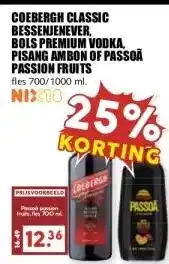 MCD Supermarkt COEBERGH CLASSIC BESSENJENEVER, BOLS PREMIUM VODKA, PISANG AMBON OF PASSOA PASSION FRUITS aanbieding