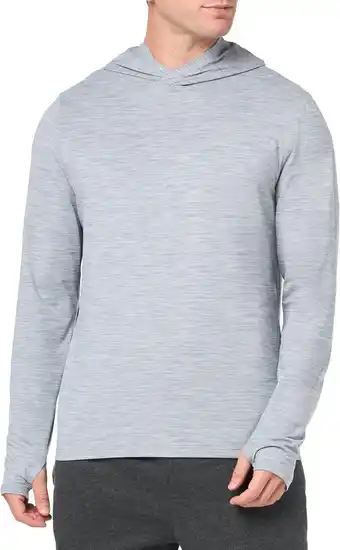 Amazon Amazon Essentials Heren Tech Stretch T-shirt met lange mouwen en capuchon, Lichtgrijs Ruimteverf, S aanbieding