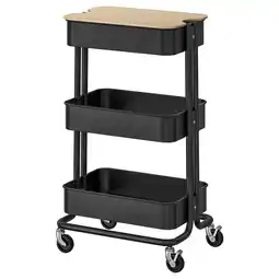 IKEA Zwarte 3-laags opbergwagen met houten blad, vier wielen, strak design, ideaal voor keukens aanbieding