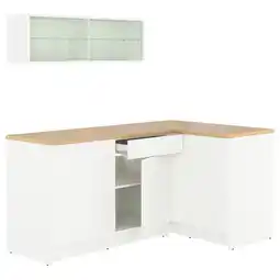 IKEA Knoxhult witte l-vormige keuken met eiken blad, glazen kast, veel opbergruimte aanbieding