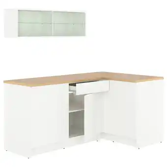 IKEA Knoxhult witte l-vormige keuken met eiken blad, glazen kast, veel opbergruimte aanbieding