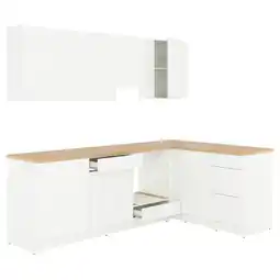 IKEA Moderne witte l-vormige keukenset met eiken aanrechtblad, voldoende opbergruimte en strak design aanbieding