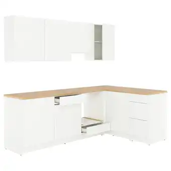 IKEA Moderne witte l-vormige keukenset met eiken aanrechtblad, voldoende opbergruimte en strak design aanbieding