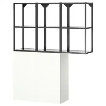 IKEA Een enhet opbergmeubel in wit met een donker metalen frame, met open planken en een gesloten kast aanbieding