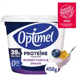 Jumbo Optimel Proteïne Yoghurt Bosbes Vanillesmaak 0% Vet 450g aanbieding