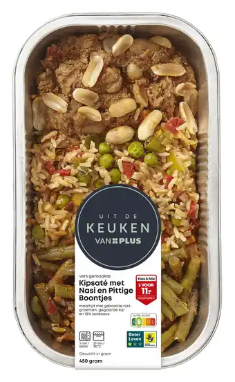 PLUS Uit de keuken van PLUS Kipsaté met pittige boontjes nasi aanbieding