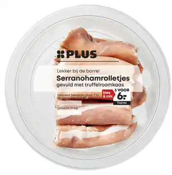 PLUS PLUS Serranoham truffelroomkaas rolletjes aanbieding