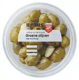 PLUS PLUS Olijven met knoflook aanbieding