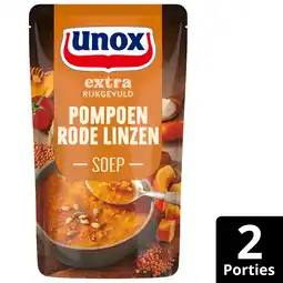 PLUS Unox Soep in zak pompoensoep wortel linzen aanbieding