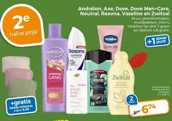 Trekpleister Andrélon, Axe, Dove, Dove Men+Care, Neutral, Rexona, Vaseline en Zwitsal aanbieding