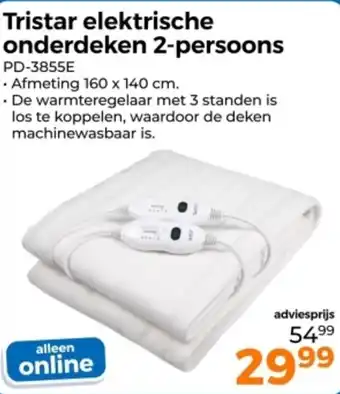 Trekpleister Tristar elektrische onderdeken 2-persoons PD-3855E aanbieding