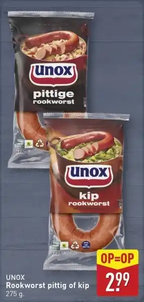 ALDI UNOX Rookworst pittig of kip aanbieding