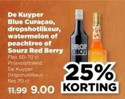 PLUS De Kuyper Blue Curaçao, dropshotlikeur, watermelon of peachtree of Sourz Red Berry aanbieding