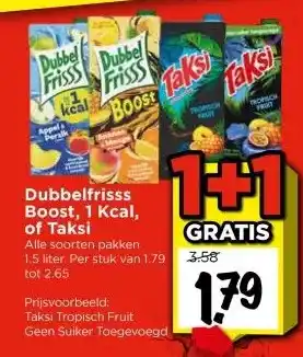 Vomar Voordeelmarkt Dubbelfrisss Boost, 1 Kcal, of Taksi aanbieding