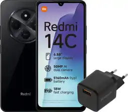 Coolblue Redmi 14C 128GB Zwart 4G + BlueBuilt Oplader met Usb A Poort 18W Zwart aanbieding