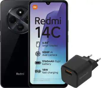 Coolblue Redmi 14C 128GB Zwart 4G + BlueBuilt Oplader met Usb A Poort 18W Zwart aanbieding