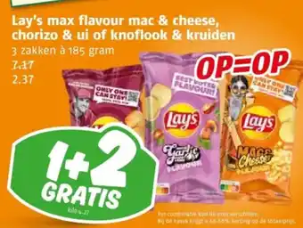 Poiesz Lay's max flavour mac & cheese, chorizo & ui of knoflook & kruiden aanbieding