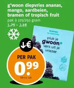 Poiesz G'woon diepvries ananas, mango, aardbeien, bramen of tropisch fruit aanbieding