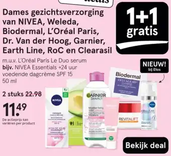 Etos Dames gezichtsverzorging van NIVEA, Weleda, Biodermal, L'Oréal Paris, Dr. Van der Hoog, Garnier, Earth Line, RoC en Clearasil aanbieding