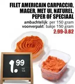 MCD Supermarkt FILET AMERICAIN CARPACCIO, MAGER, MET UI, NATUREL, PEPER OF SPECIAAL aanbieding