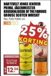 MCD Supermarkt HARTEVELT JONGE JENEVER PRIMA, JÄGERMEISTER KRUIDENLIKEUR OF THE FAMOUS GROUSE SCOTCH WHISKY aanbieding