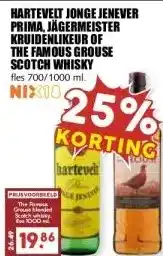 MCD Supermarkt HARTEVELT JONGE JENEVER PRIMA, JÄGERMEISTER KRUIDENLIKEUR OF THE FAMOUS GROUSE SCOTCH WHISKY aanbieding