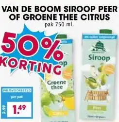 Boon`s Markt VAN DE BOOM SIROOP PEER OF GROENE THEE CITRUS aanbieding