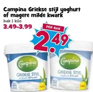 Boon`s Markt Campina Griekse stijl yoghurt of magere milde kwark aanbieding