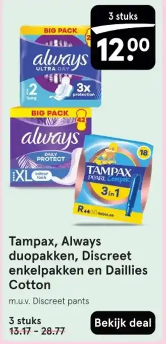 Etos Tampax, Always duopakken, Discreet enkelpakken en Daillies Cotton aanbieding
