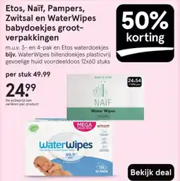 Etos Etos, Naïf, Pampers, Zwitsal en WaterWipes babydoekjes groot verpakkingen aanbieding