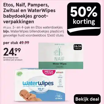 Etos Etos, Naïf, Pampers, Zwitsal en WaterWipes babydoekjes groot verpakkingen aanbieding