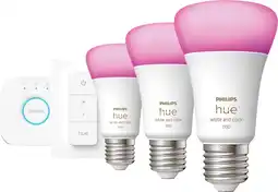 Coolblue Philips Hue White and Color Starter Pack E27 met 3 lampen, dimmer + Bridge aanbieding