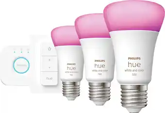Coolblue Philips Hue White and Color Starter Pack E27 met 3 lampen, dimmer + Bridge aanbieding