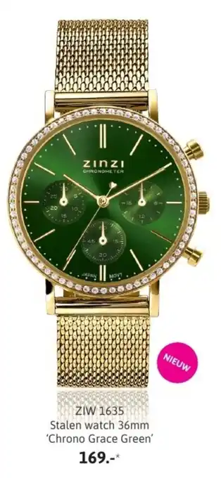 Zinzi ZIW 1635 Stalen watch 36mm 'Chrono Grace Green' aanbieding