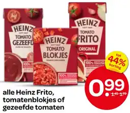 Spar Alle Heinz Frito, tomatenblokjes of gezeefde tomaten aanbieding