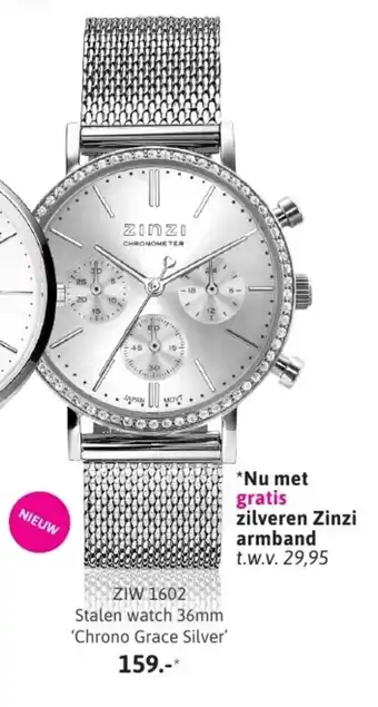 Zinzi ZIW 1602 Stalen watch 36mm 'Chrono Grace Silver' aanbieding