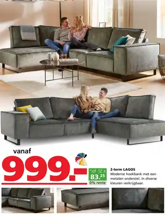 Seats and Sofas 2-term LAGOS Moderne hoekbank met een metalen onderstel. In diverse kleuren verkrijgbaar. aanbieding