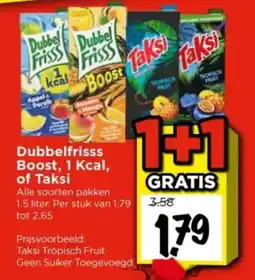 Vomar Voordeelmarkt Dubbelfrisss Boost, 1 Kcal, of Taksi aanbieding