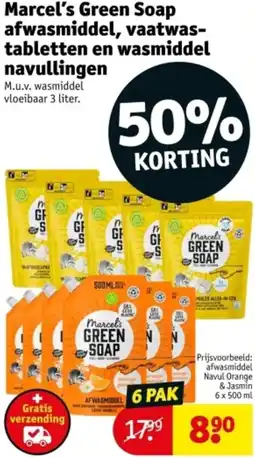 Kruidvat Marcel's Green Soap afwasmiddel, vaatwastabletten en wasmiddel navullingen aanbieding