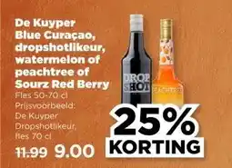 PLUS De Kuyper Blue Curaçao, dropshotlikeur, watermelon of peachtree of Sourz Red Berry aanbieding