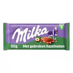 PLUS Milka Chocoladereep melk gebroken hazelnoot aanbieding