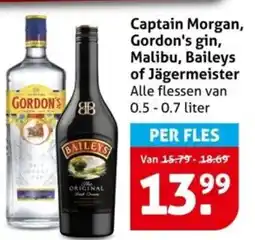 Hoogvliet Captain Morgan, Gordon's gin, Malibu, Baileys of Jägermeister aanbieding