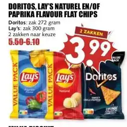 MCD Supermarkt DORITOS, LAY'S NATUREL EN/OF PAPRIKA FLAVOUR FLAT CHIPS aanbieding
