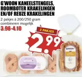 MCD Supermarkt G'WOON KANEELSTENGELS, ROOMBOTER KRAKELINGEN EN/OF REUZE KRAKELINGEN aanbieding