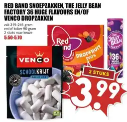 MCD Supermarkt RED BAND SNOEPZAKKEN, THE JELLY BEAN FACTORY 36 HUGE FLAVOURS EN/OF VENCO DROPZAKKEN aanbieding
