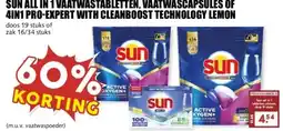MCD Supermarkt SUN ALL IN 1 VAATWASTABLETTEN, VAATWASCAPSULES OF 4IN1 PRO-EXPERT WITH CLEANBOOST TECHNOLOGY LEMON aanbieding