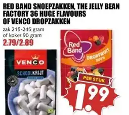 MCD Supermarkt RED BAND SNOEPZAKKEN, THE JELLY BEAN FACTORY 36 HUGE FLAVOURS OF VENCO DROPZAKKEN aanbieding